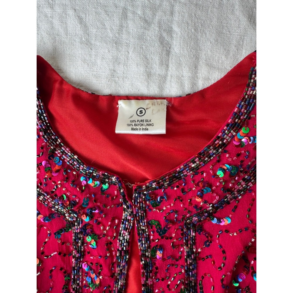 Vintage Pure Silk Beaded Sequin Evening Jacket Res Magenta Size S Gala Party - Picture 6 of 7